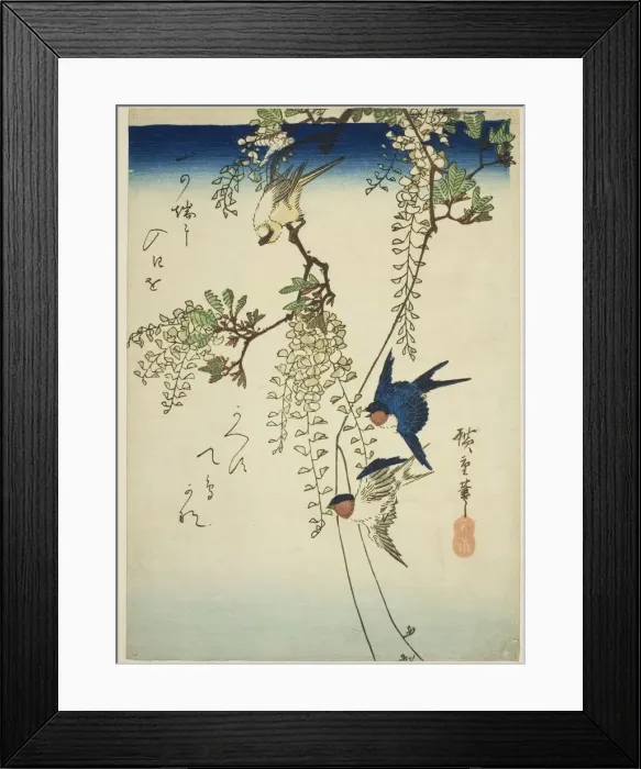 Framed Print : Swallow, yellow bird, and wisteria, 1830s-1840s. Creator: Ando Hiroshige Framed Print : Swallow, yellow bird, and wisteria, 1830s-1840s. Creator: Ando Hiroshige
