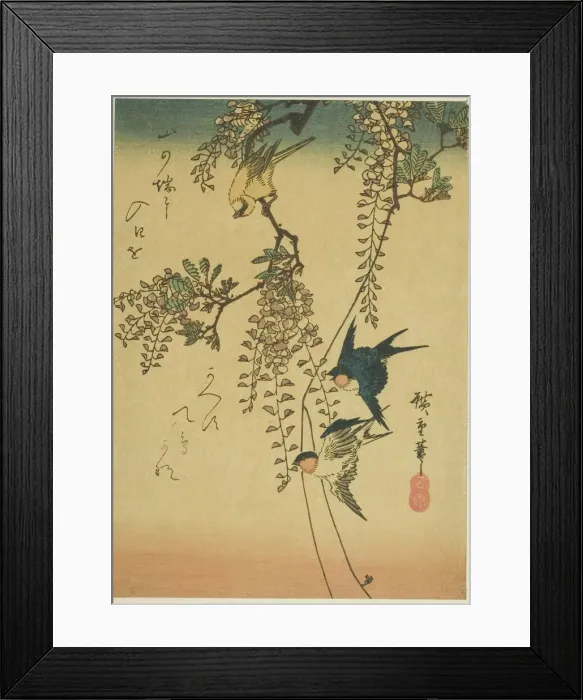 Framed Print : Swallow, yellow bird, and wisteria, 1830s-1840s. Creator: Ando Hiroshige Framed Print : Swallow, yellow bird, and wisteria, 1830s-1840s. Creator: Ando Hiroshige