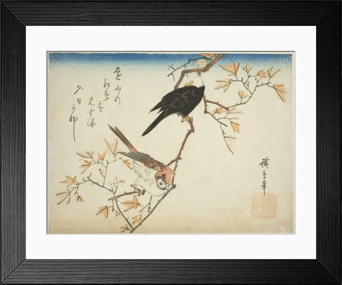 Framed Print : Two birds on maple branch, 1830s. Creator: Ando Hiroshige Framed Print : Two birds on maple branch, 1830s. Creator: Ando Hiroshige