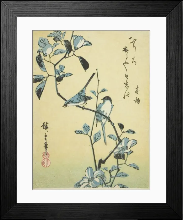 Framed Print : Birds on camellia branch, 1830s. Creator: Ando Hiroshige Framed Print : Birds on camellia branch, 1830s. Creator: Ando Hiroshige