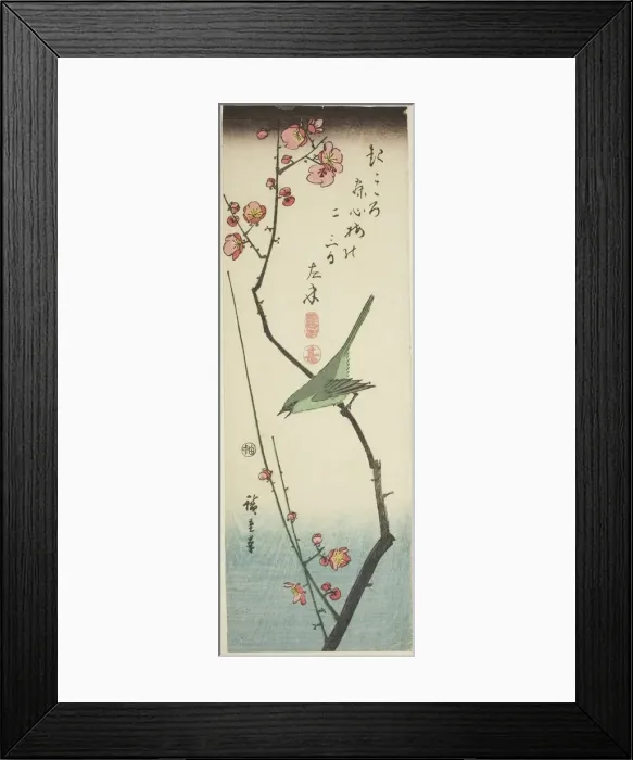 Framed Print : Bush warbler on plum branch, c. 1843 / 47. Creator: Ando Hiroshige Framed Print : Bush warbler on plum branch, c. 1843 / 47. Creator: Ando Hiroshige