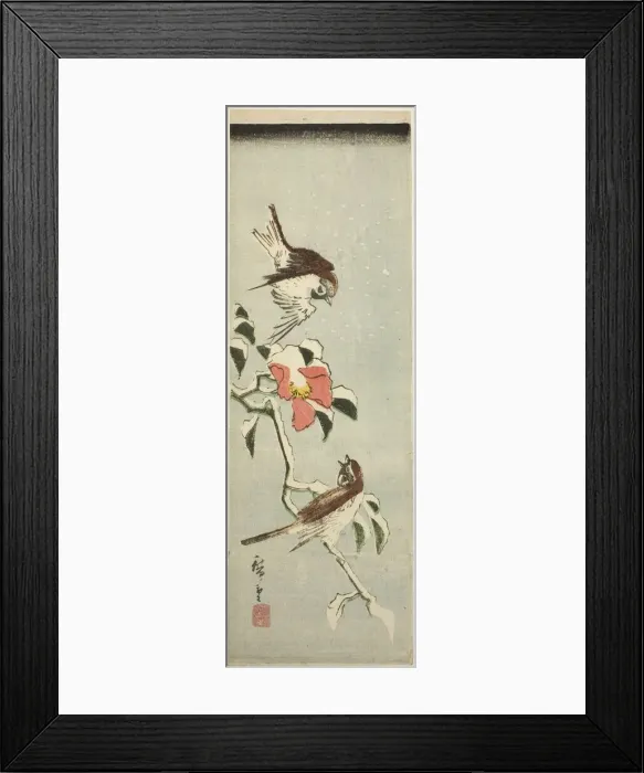 Framed Print : Sparrows and camellia in snow, 1840s. Creator: Ando Hiroshige Framed Print : Sparrows and camellia in snow, 1840s. Creator: Ando Hiroshige