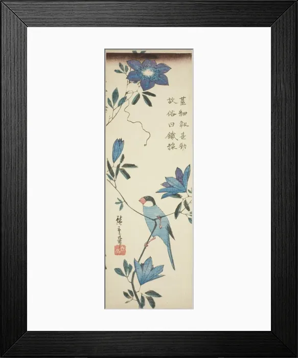 Framed Print : Java sparrow and clematis, 1830s. Creator: Ando Hiroshige Framed Print : Java sparrow and clematis, 1830s. Creator: Ando Hiroshige