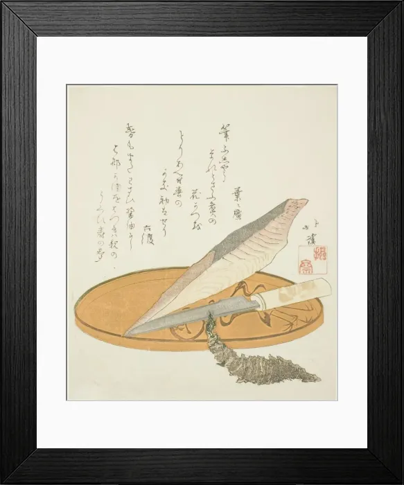 Framed Print : Wasabi root with dried bonito and knife on a lacquer tray, early 1820s