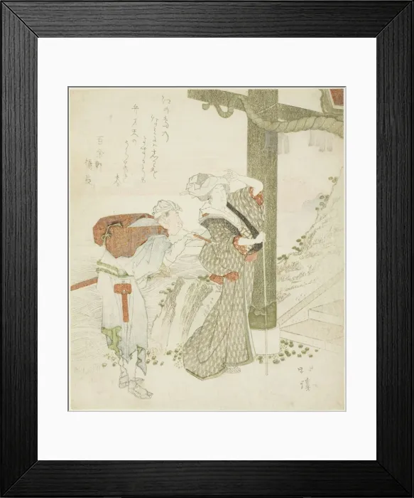 Framed Print : Woman and attendant at entrance gate of Enoshima, 1810s / 1820s. Creator: Totoya Hokkei Framed Print : Woman and attendant at entrance gate of Enoshima, 1810s / 1820s. Creator: Totoya Hokkei