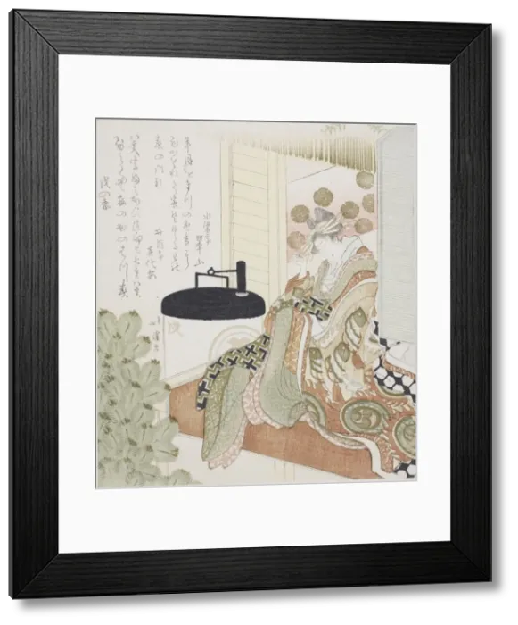 Framed Print : Courtesan sitting on a veranda next to a lantern, 1814. Creator: Totoya Hokkei Framed Print : Courtesan sitting on a veranda next to a lantern, 1814. Creator: Totoya Hokkei