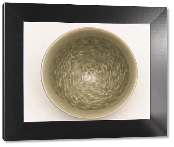 Conical Bowl with Interior of Fish Swimming amid Waves Encircling