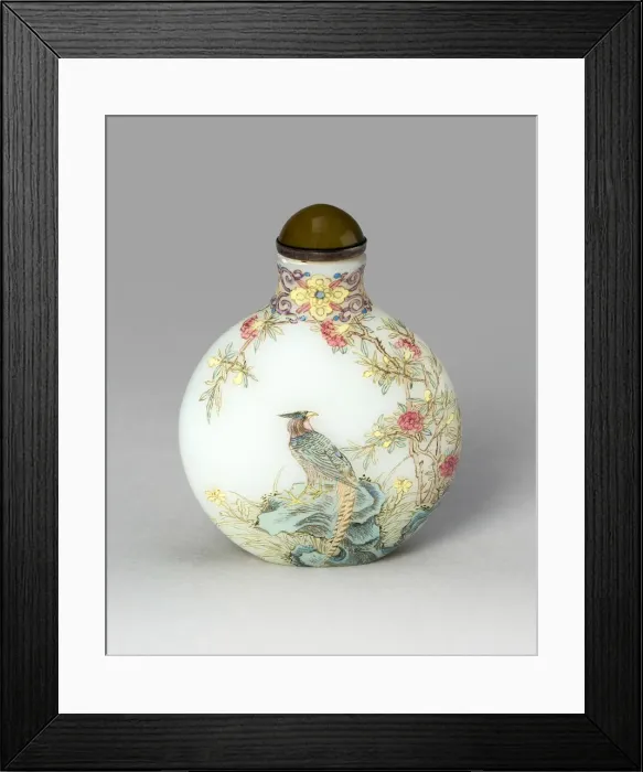 Framed Print : Snuff Bottle with Golden Pheasant, Swallows, Tree Peony, Apricot Framed Print : Snuff Bottle with Golden Pheasant, Swallows, Tree Peony, Apricot