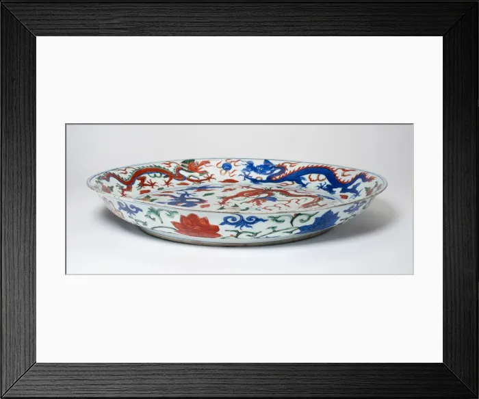 Framed Print : Dish with Dragons amid Clouds and Flaming Pearls; Vines Framed Print : Dish with Dragons amid Clouds and Flaming Pearls; Vines