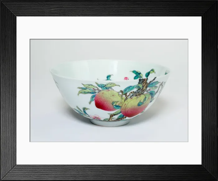Framed Print : Bowl with Fruiting Peaches, Tree Peony, Flowering Plum and Bats, Qing dynasty Framed Print : Bowl with Fruiting Peaches, Tree Peony, Flowering Plum and Bats, Qing dynasty