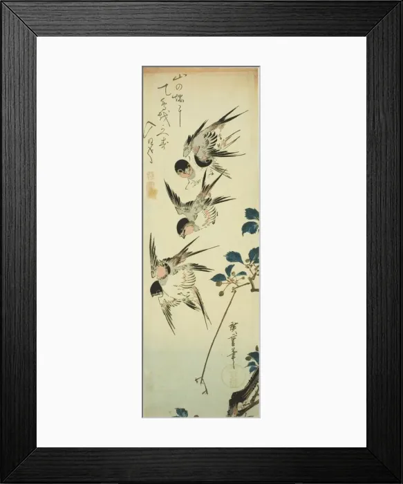 Framed Print : Swallows and flowering branch, 1830s. Creator: Ando Hiroshige Framed Print : Swallows and flowering branch, 1830s. Creator: Ando Hiroshige