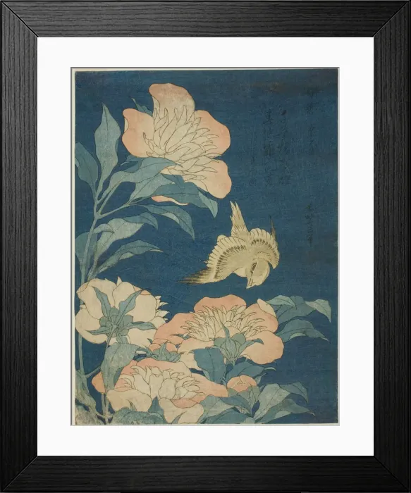 Framed Print : Canary and Peony (Kanaari, shakuyaku), from an untitled series of flowers and birds Framed Print : Canary and Peony (Kanaari, shakuyaku), from an untitled series of flowers and birds