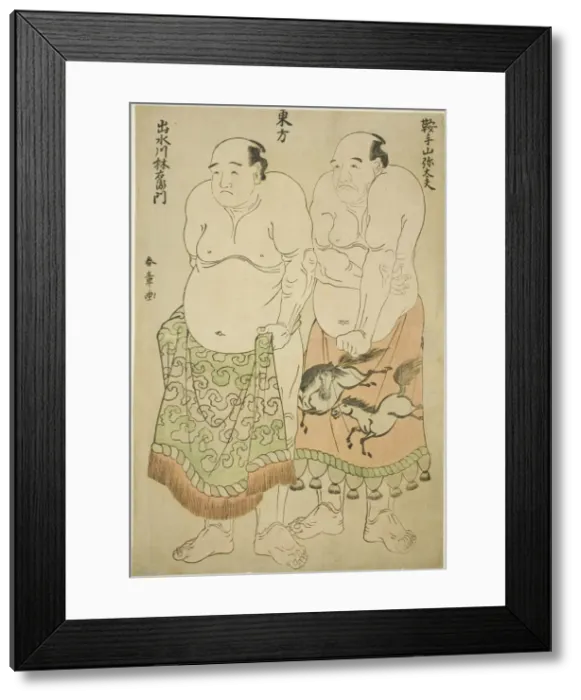 Framed Print : Sumo Wrestlers of the Eastern Group: Kurateyama Yadayu (right), and Izumigawa... (left), c1780. Creator: Shunsho Framed Print : Sumo Wrestlers of the Eastern Group: Kurateyama Yadayu (right), and Izumigawa... (left), c1780. Creator: Shunsho