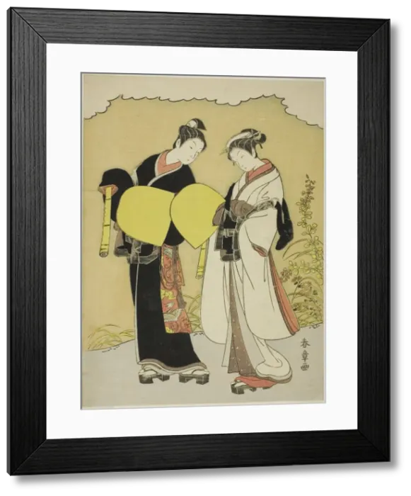 Framed Print : Lovers Dressed as Komuso Monks in an Autumn Landscape, Japan, c. 1770. Creator: Shunsho Framed Print : Lovers Dressed as Komuso Monks in an Autumn Landscape, Japan, c. 1770. Creator: Shunsho