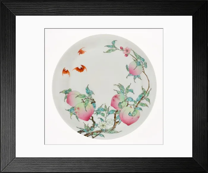 Framed Print : Dish with Peaches and Bats, Qing dynasty (1644-1911), Yongzheng reign mark and period Framed Print : Dish with Peaches and Bats, Qing dynasty (1644-1911), Yongzheng reign mark and period