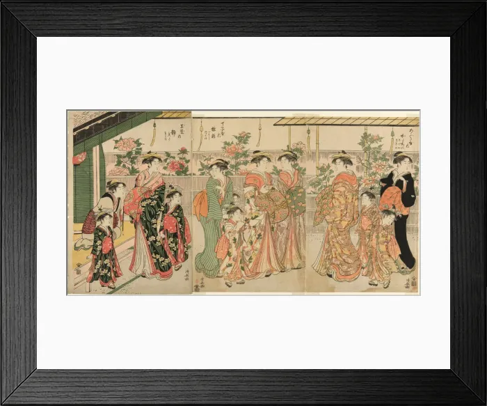 Framed Print : Courtesans of Yoshiwara and their attendants viewing the peonies on Nakanocho, c. 1787 Framed Print : Courtesans of Yoshiwara and their attendants viewing the peonies on Nakanocho, c. 1787