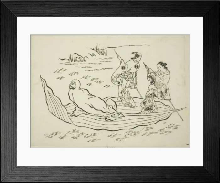 Framed Print : Daruma crossing the sea on a leaf, no. 7 from a series of 12 prints, c. 1708 Framed Print : Daruma crossing the sea on a leaf, no. 7 from a series of 12 prints, c. 1708