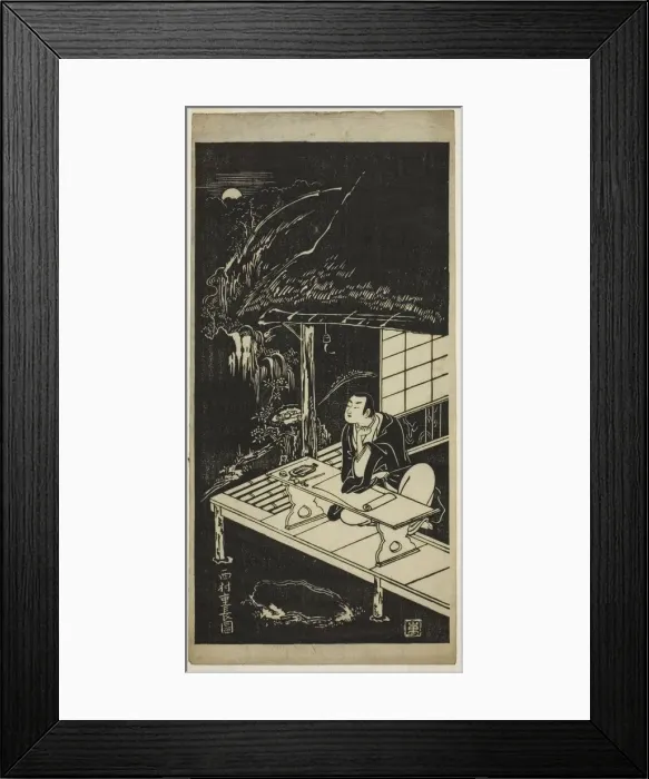 Framed Print : Man in Thatched Hut Viewing the Moon, c. 1740s. Creator: Nishimura Shigenaga Framed Print : Man in Thatched Hut Viewing the Moon, c. 1740s. Creator: Nishimura Shigenaga