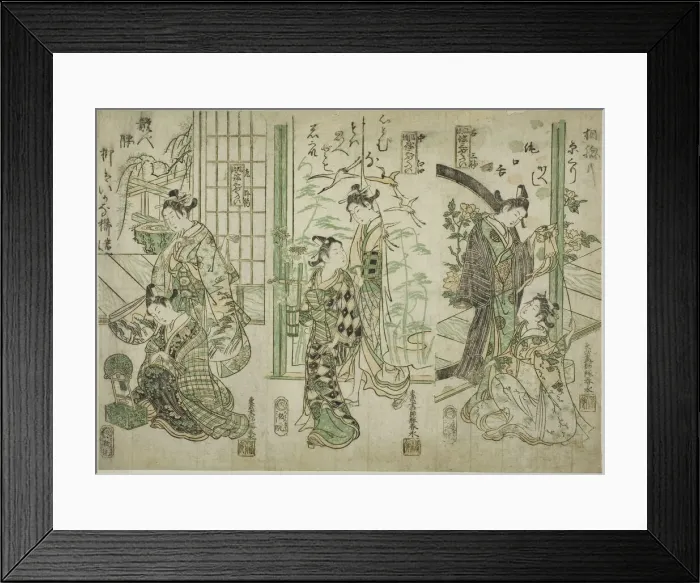 Framed Print : A Triptych of Fashionable No Plays (Furyu Utai Sambukutsui), Japan, c. late 1750s. Creator: Miyagawa Shunsui Framed Print : A Triptych of Fashionable No Plays (Furyu Utai Sambukutsui), Japan, c. late 1750s. Creator: Miyagawa Shunsui