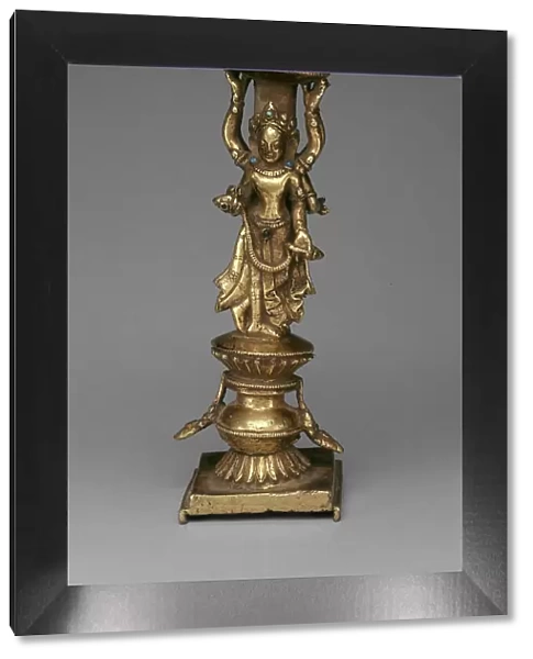 Pillar Support of an Addorsed Female Bodhisattva and an Offering Goddess, 15th century