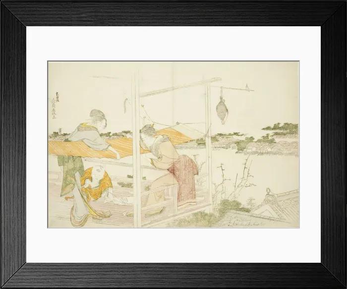 Framed Print : Women on a Veranda Stretching Cloth to Dry, Japan, c. 1799. Creator: Hokusai Framed Print : Women on a Veranda Stretching Cloth to Dry, Japan, c. 1799. Creator: Hokusai