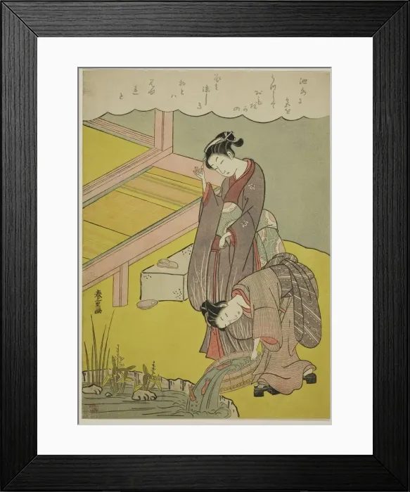 Framed Print : Young Girl Throwing Fish into Pond, c. 1771  /  72. Creator: Shiba Kokan