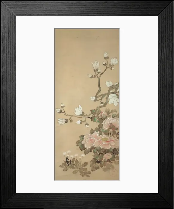 Framed Print : Peonies, Magnolia, and Dandelions, 18th century. Creator: School of Tawaraya Sotatsu Framed Print : Peonies, Magnolia, and Dandelions, 18th century. Creator: School of Tawaraya Sotatsu