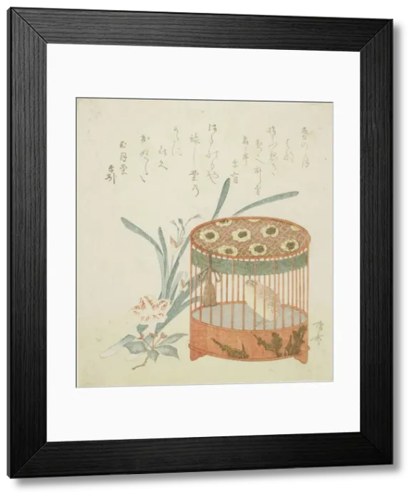 Framed Print : Bird cage and flowers, early 19th century. Creator: Shinsai