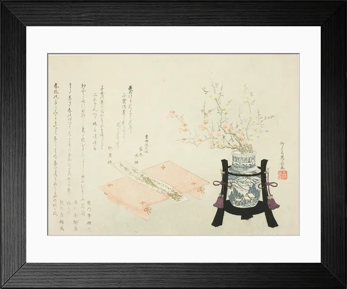 Framed Print : Red and White Plum Blossoms with Poem Slip, About 1810. Creator: Shinsai Framed Print : Red and White Plum Blossoms with Poem Slip, About 1810. Creator: Shinsai
