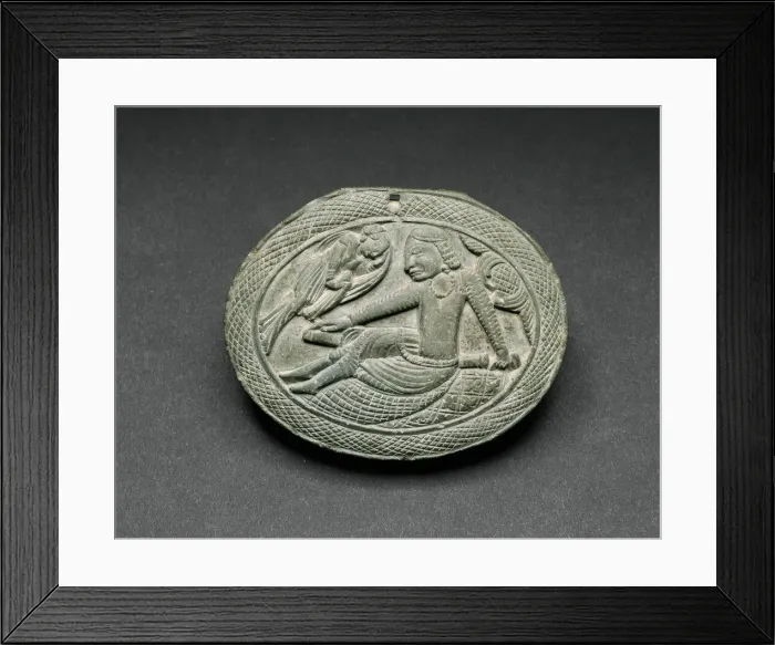 Framed Print : Oval Cosmetic Box Lid with a Man Being Entertained by a Lyrist, 5th / 6th century Framed Print : Oval Cosmetic Box Lid with a Man Being Entertained by a Lyrist, 5th / 6th century