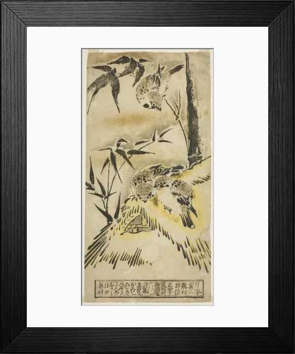 Framed Print : Sparrows, Thatched Roof, and Bamboo, c. 1720 / 25. Creator: Okumura Masanobu Framed Print : Sparrows, Thatched Roof, and Bamboo, c. 1720 / 25. Creator: Okumura Masanobu