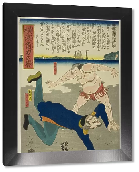 Wrestler overthrowing Frenchman, c. 1860. Creator: Utagawa Yoshiiku