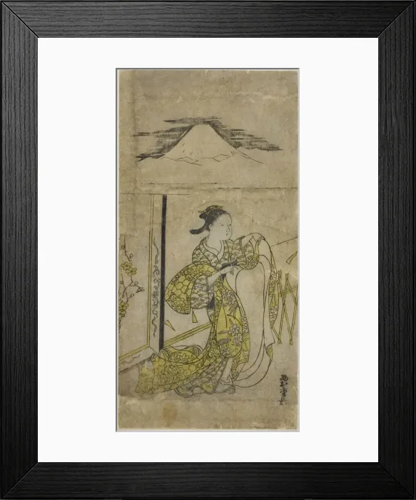Framed Print : Woman Holding Kimono with Mt. Fuji above, c. 1740s. Creator: Nishimura Shigenaga Framed Print : Woman Holding Kimono with Mt. Fuji above, c. 1740s. Creator: Nishimura Shigenaga