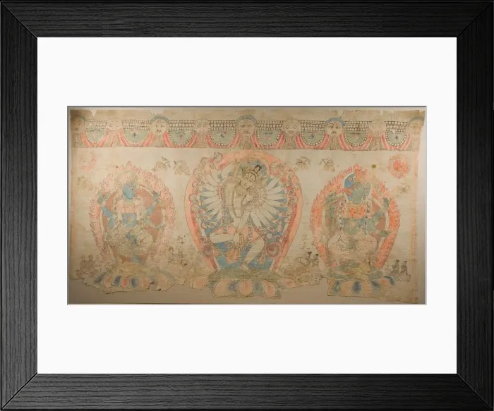 Framed Print : Tantric Temple Banner of a Dancing Goddess Flanked by Dakinis, 17th century Framed Print : Tantric Temple Banner of a Dancing Goddess Flanked by Dakinis, 17th century
