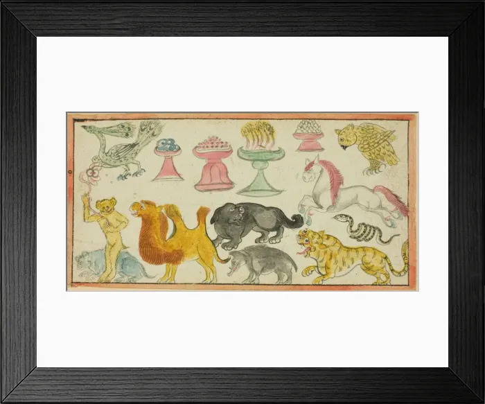 Framed Print : Page from a Manuscript with Images of Auspicious Animals and Offerings, Mongolia Framed Print : Page from a Manuscript with Images of Auspicious Animals and Offerings, Mongolia