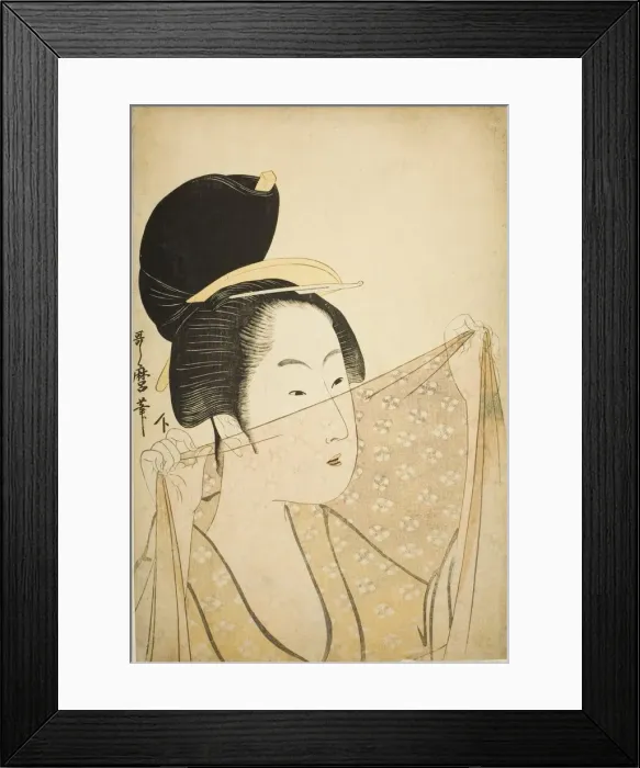 Framed Print : Woman Holding up a Piece of Fabric (Nuno o kazasu onna), Japan, c. 1795 / 96 Framed Print : Woman Holding up a Piece of Fabric (Nuno o kazasu onna), Japan, c. 1795 / 96