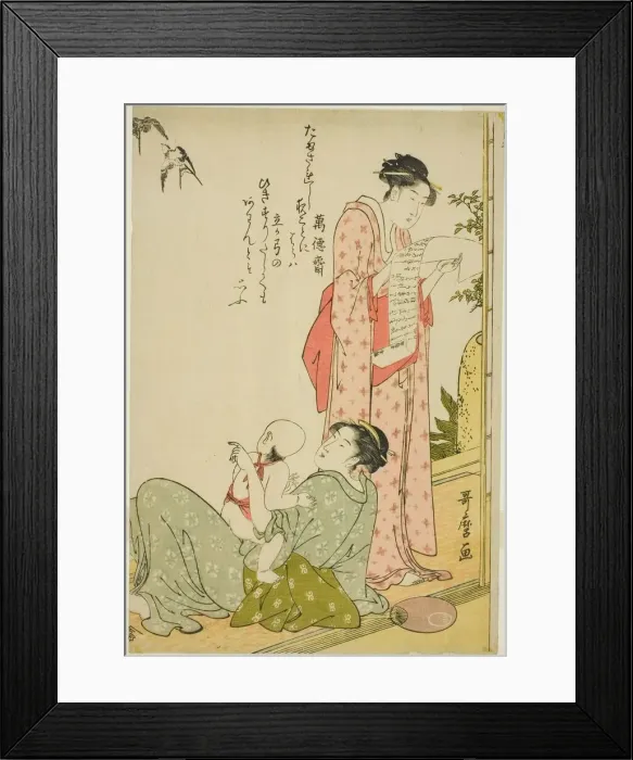Framed Print : Girl Reading Letter while Mother and Child Gaze at Sparrows, Japan, c. 1791 Framed Print : Girl Reading Letter while Mother and Child Gaze at Sparrows, Japan, c. 1791