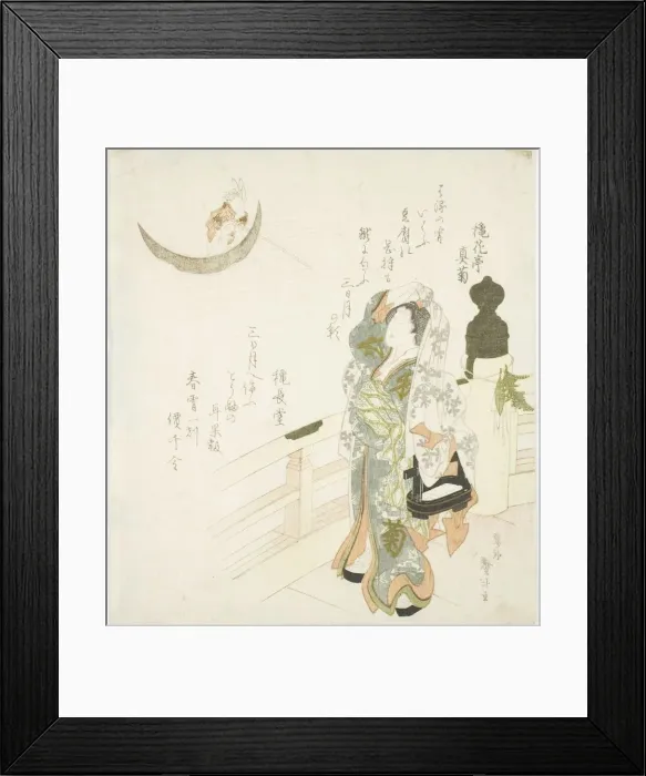 Framed Print : Woman on the bridge watching the moon, Japan, 1831. Creator: Katsushika Taito Framed Print : Woman on the bridge watching the moon, Japan, 1831. Creator: Katsushika Taito