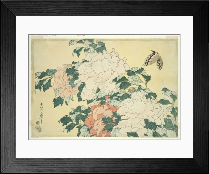 Framed Print : Peonies and Butterfly, from an untitled series of large flowers, Japan, c. 1833  /  34