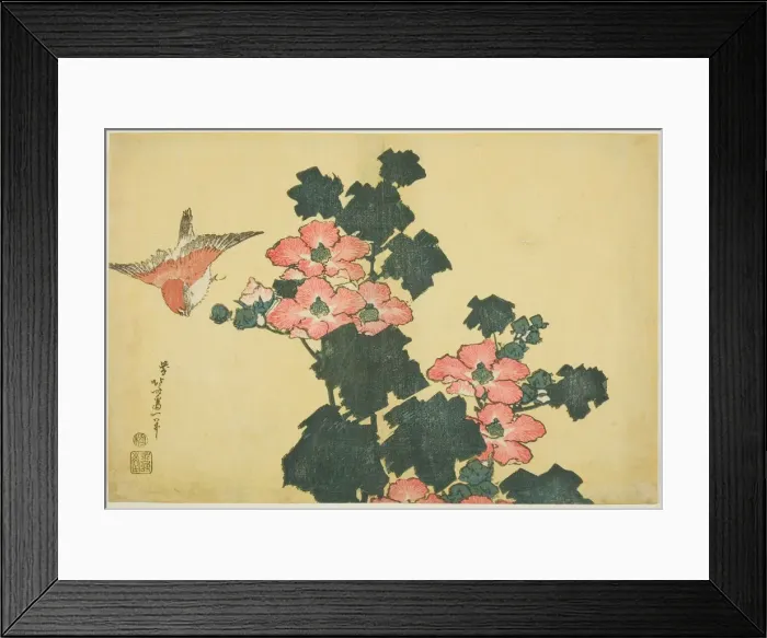 Framed Print : Cotton Roses and Sparrow, from an untitled series of Large Flowers, Japan, c. 1833 / 34 Framed Print : Cotton Roses and Sparrow, from an untitled series of Large Flowers, Japan, c. 1833 / 34