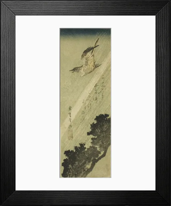 Framed Print : Cuckoo flying in rain, early 1830s. Creator: Ando Hiroshige Framed Print : Cuckoo flying in rain, early 1830s. Creator: Ando Hiroshige