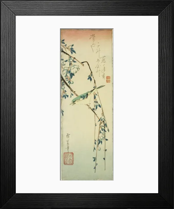 Framed Print : Bush warbler on plum branch, 1830s. Creator: Ando Hiroshige Framed Print : Bush warbler on plum branch, 1830s. Creator: Ando Hiroshige