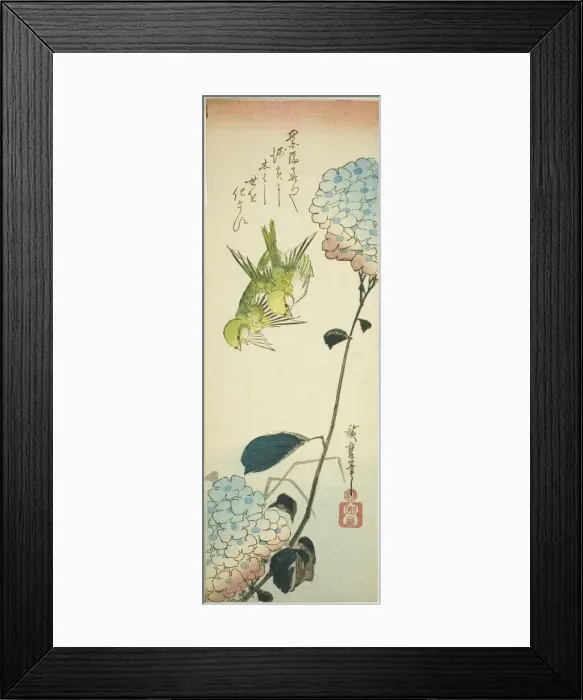 Framed Print : Green birds and hydrangeas, 1830s. Creator: Ando Hiroshige Framed Print : Green birds and hydrangeas, 1830s. Creator: Ando Hiroshige