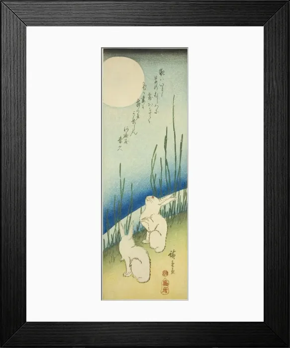 Framed Print : Rabbits under full moon, c. 1830s. Creator: Ando Hiroshige Framed Print : Rabbits under full moon, c. 1830s. Creator: Ando Hiroshige