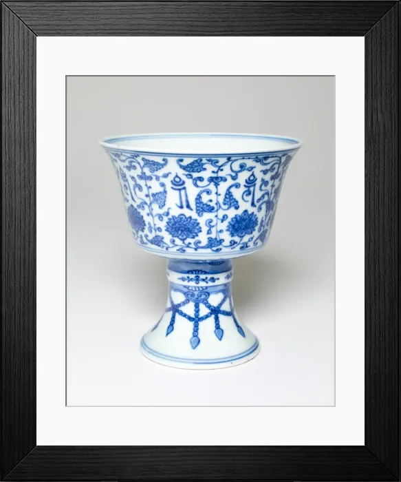 Framed Print : Stem Cup with Peony Flowers, Stylized Vines, and Characters in Manchu Framed Print : Stem Cup with Peony Flowers, Stylized Vines, and Characters in Manchu