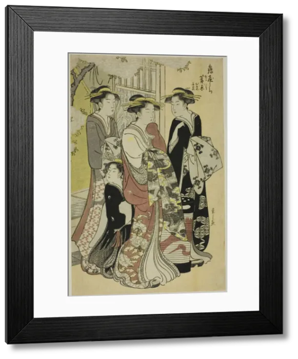 Framed Print : Sugawara of the Tsuruya with Attendants Mumeno and Takeno, c. 1787. Creator: Hosoda Eishi Framed Print : Sugawara of the Tsuruya with Attendants Mumeno and Takeno, c. 1787. Creator: Hosoda Eishi
