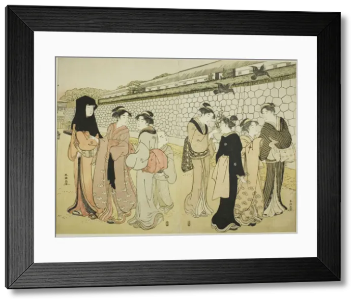 Framed Print : Women Walking by a Moat, 1780s. Creator: Katsukawa Shuncho