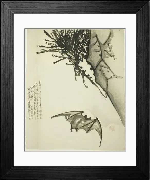 Framed Print : A Bat Flying near a Pine Tree, 19th century. Creator: Issho Framed Print : A Bat Flying near a Pine Tree, 19th century. Creator: Issho