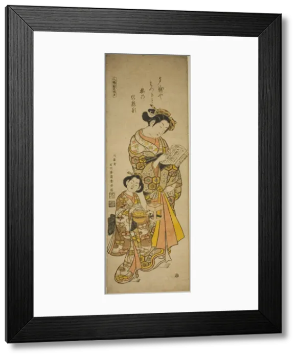 Framed Print : Courtesan of Osaka and Her Attendant, left sheet of a triptych of beauties of the three Framed Print : Courtesan of Osaka and Her Attendant, left sheet of a triptych of beauties of the three