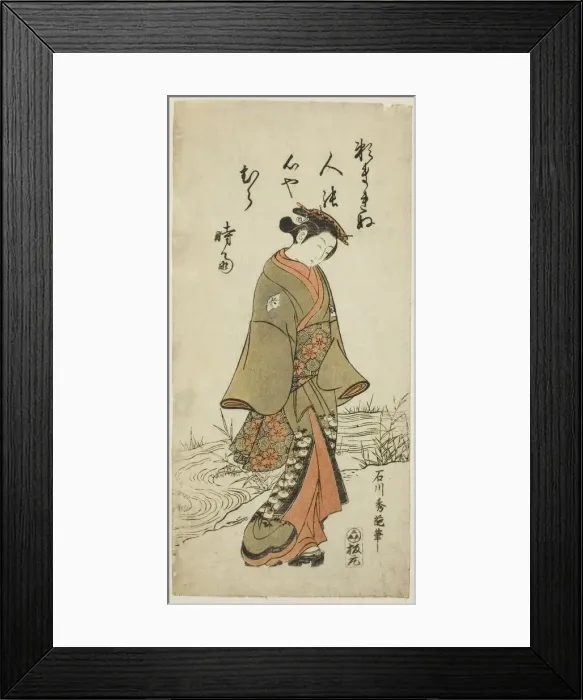 Framed Print : Young Woman Walking Near a Stream, c. 1760. Creator: Ishikawa Toyonobu Framed Print : Young Woman Walking Near a Stream, c. 1760. Creator: Ishikawa Toyonobu
